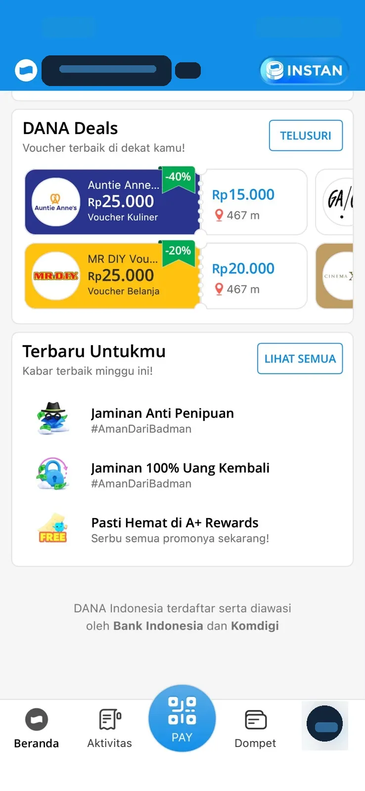 DANA Deals voucher section with masked profile and nearest location vouchers